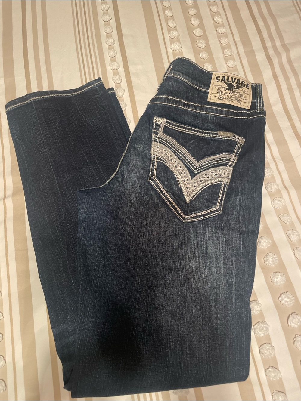 Salvage Men’s Dark Indigo Embroidered Pocket Bootcut Jeans